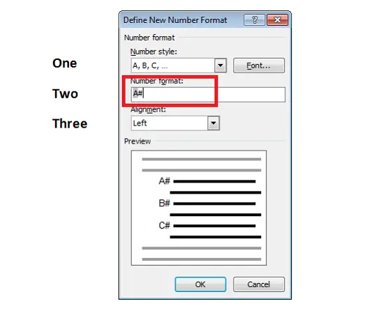 Customize Numbered list in word select Number Format