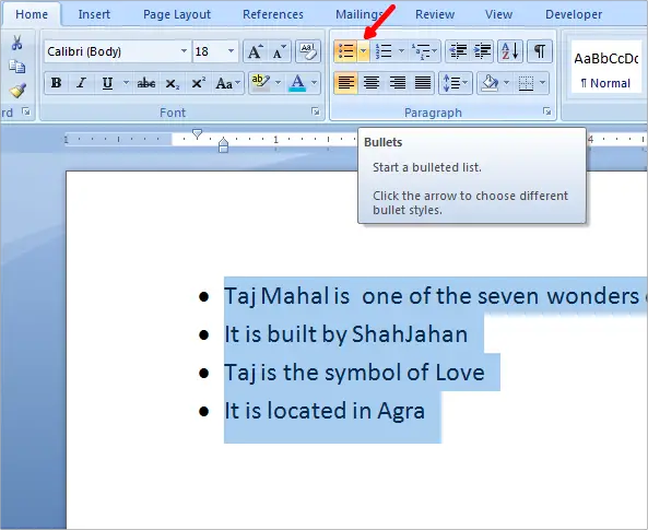 bullets in word click bullets dropdown