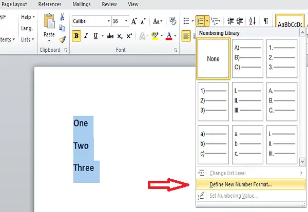 change Numbered list in word click define number format