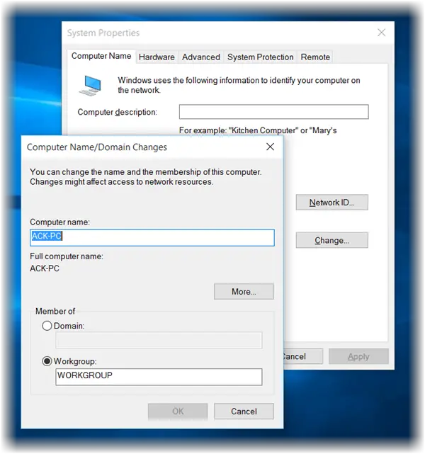 change computer name in windows 10