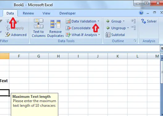 error messages in excel data validation in data tools