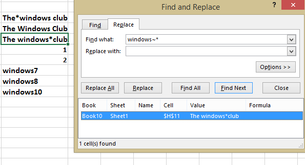 find wildcard characters in excel using tilde