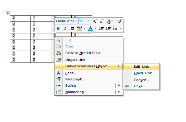 insert excel spreadsheet in word paste options edit link