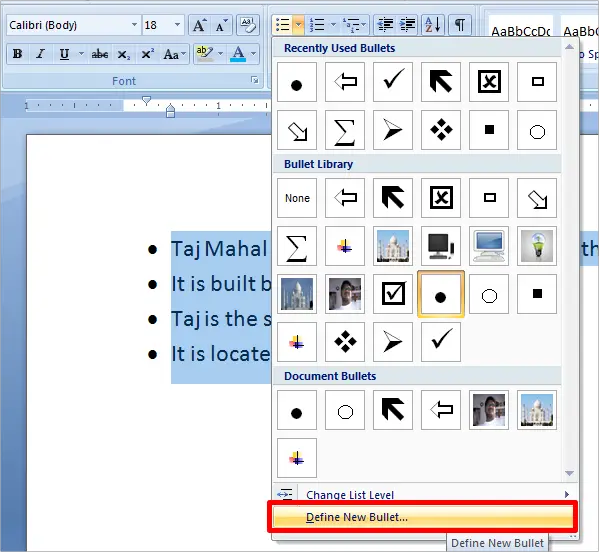 picture bullets in word define new bullet