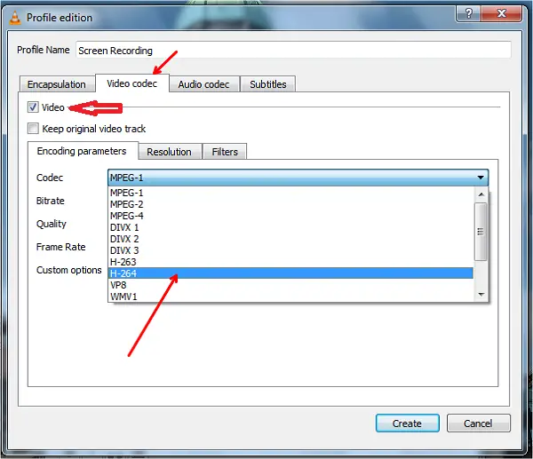 record screen using vlc select Codec