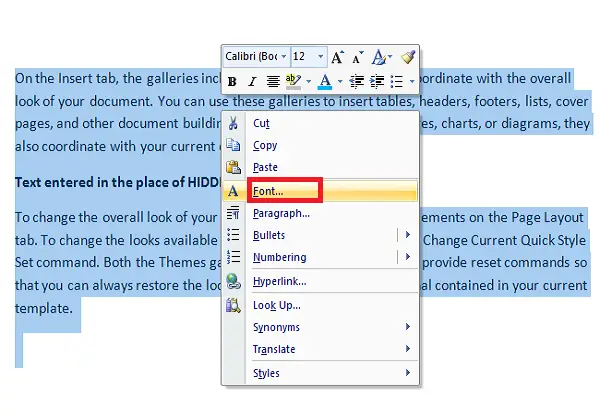 select whole text to show hidden text in word