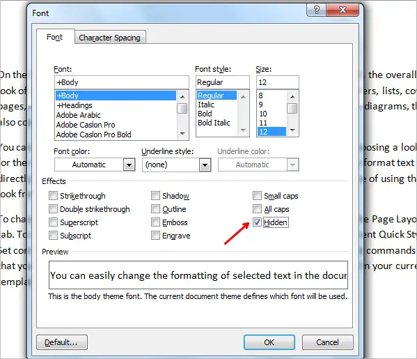 show and hide text in word font dialog box