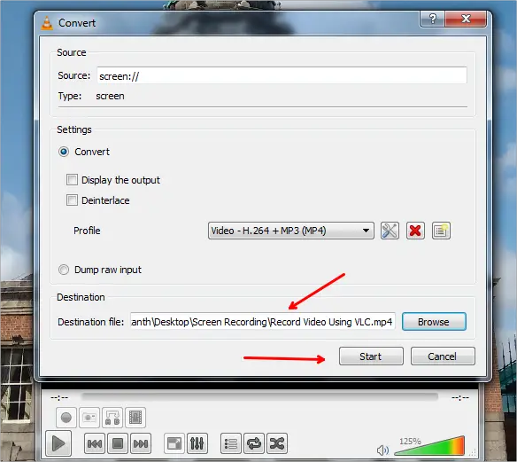 start the video recording using vlc