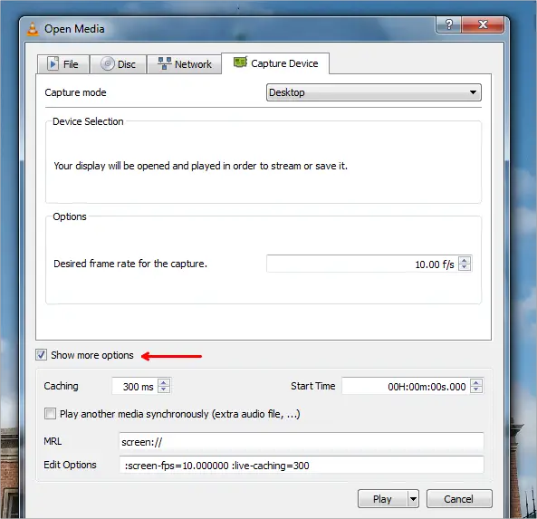 vlc record desktop screen show more options
