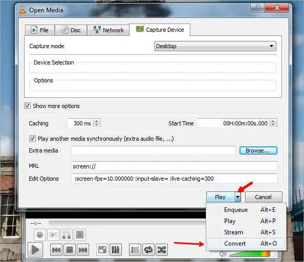 vlc records desktop screen click convert