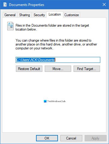 Change default location of Documents folder