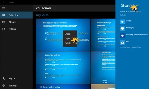 Share files Windows 10 Photos App