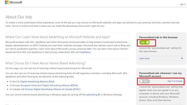 Turn Off Personalized ads in Windows 10