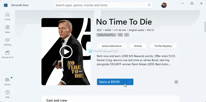 Buy or Rent Movie or TV content via Windows 11/10 Movies & TV App