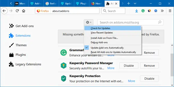 update firefox addons