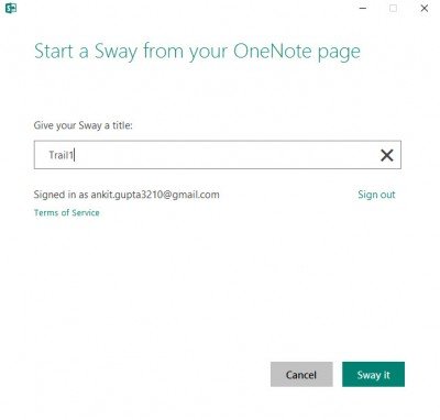 Send to Sway add-in for OneNote
