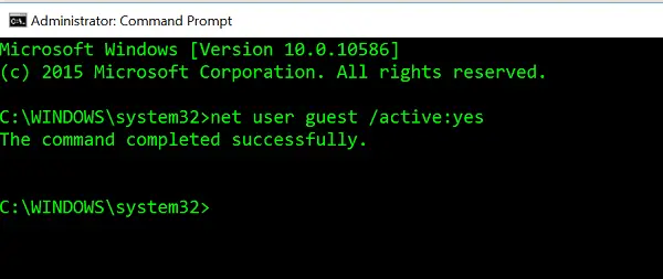 enable guest account in windows 10 from command prompt
