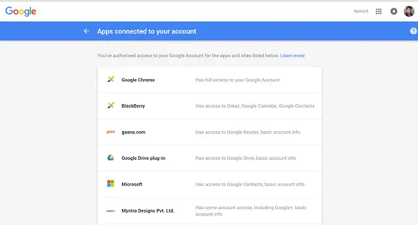 Apps connected to your Google Account