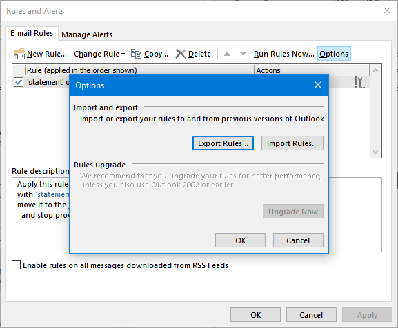 Export or Import Rules in Outlook 2016