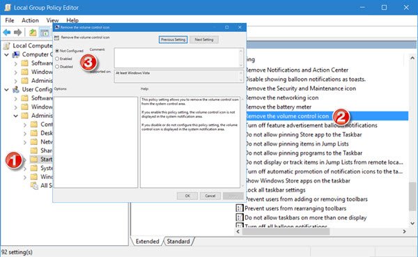 Volume icon missing from Taskbar group policy
