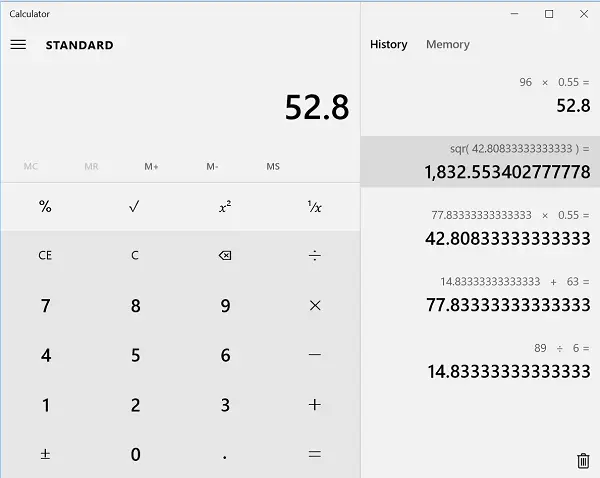 history windows 10 calculator