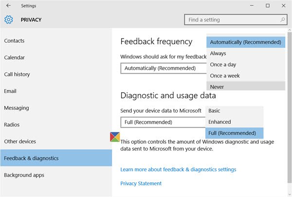 disable feedback windows 10