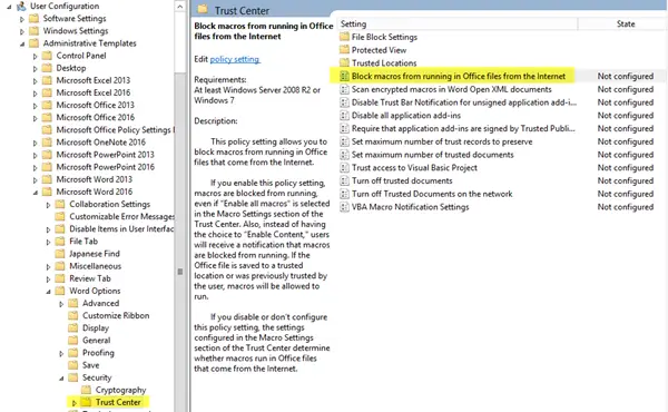 Block Macros malware in Office using Group Policy