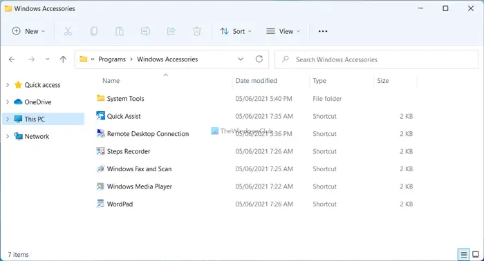 Where is the Accessories folder in Windows 11/10