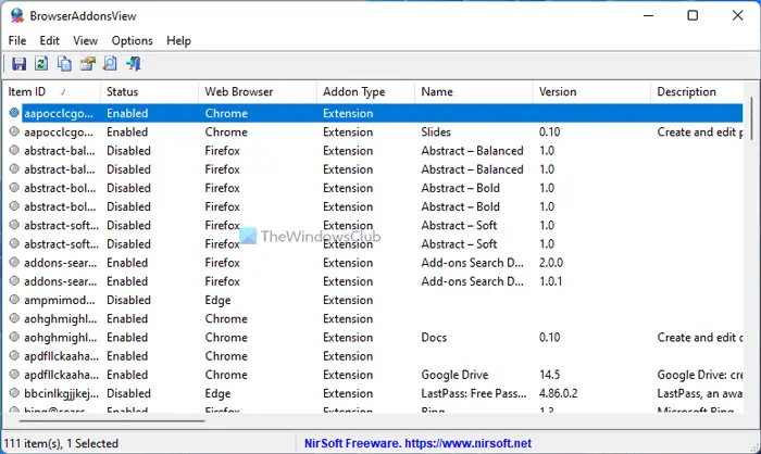 BrowserAddonsView, a small freeware to manage browser add-ons on your PC