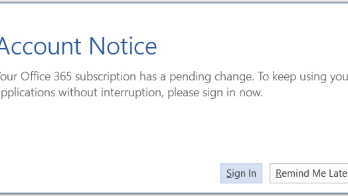 Disable Account Notice Message In Office 365 For Business Plan