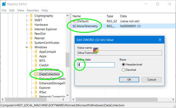 telemetry disable regedit