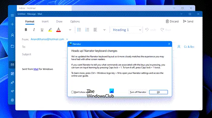 How to use Narrator to write email in Windows mail app