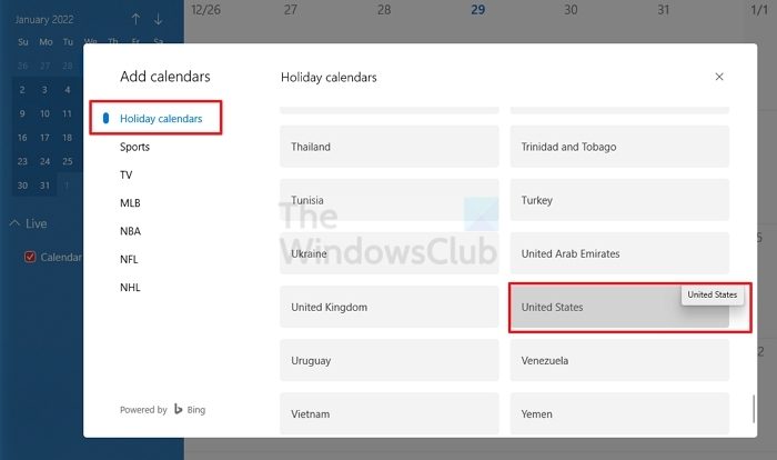 Add Holiday Calendar to Windows