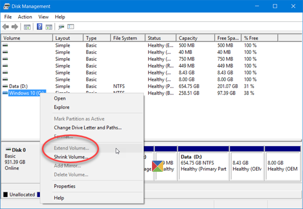 Extend Volume option is grayed out