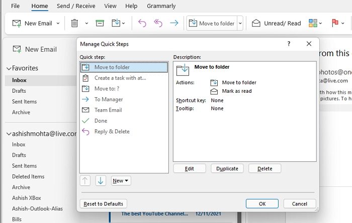 Manage Quick Steps Outlook