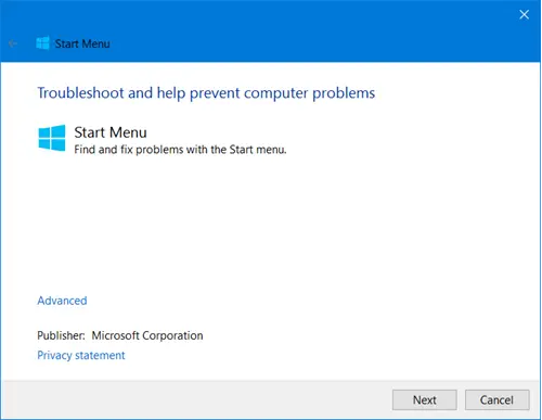 Windows 10 Start Menu Troubleshooter
