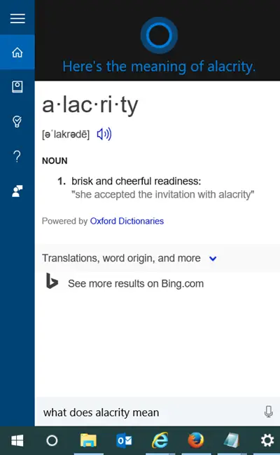 cortana dictionary windows 10