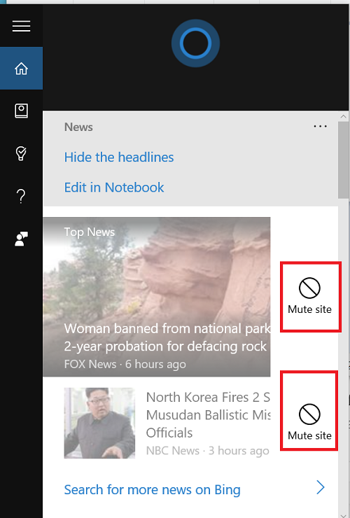mute unwanted Cortana News Sources