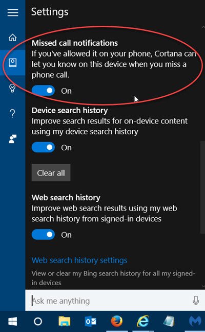 Get Missed Call notifications Windows 10