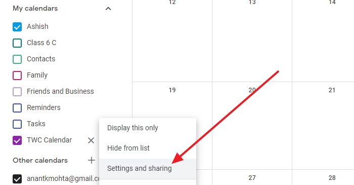Google Calendar Settngs Sharing