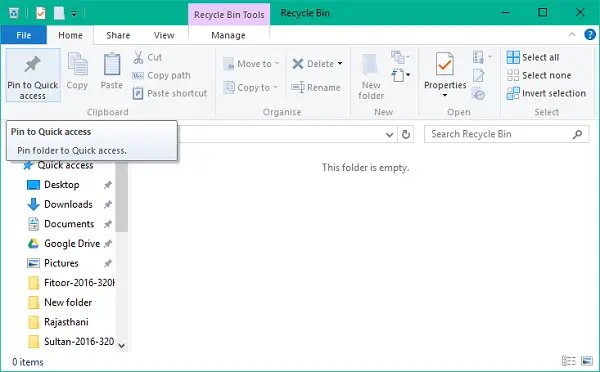 How to pin Recycle Bin to Quick Access in Windows 10