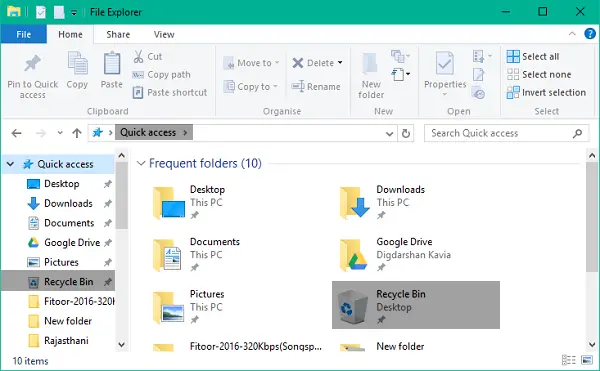 How to pin Recycle Bin to Quick Access in Windows 10