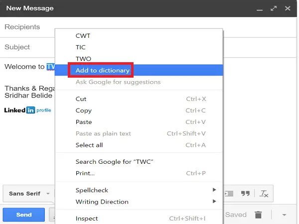 add or remove Words from Google Chrome Spelling Dictionary