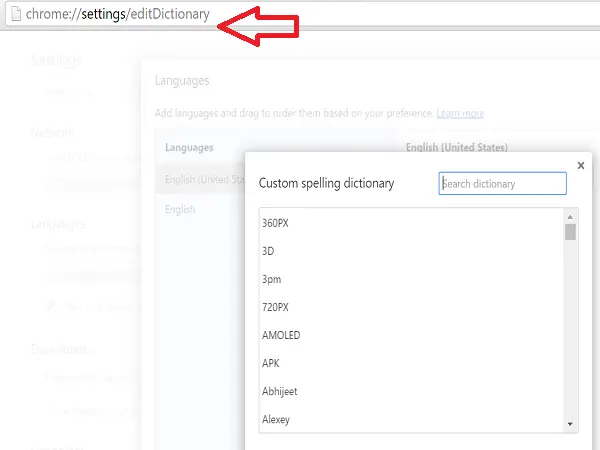 google chrome spelling dictionary