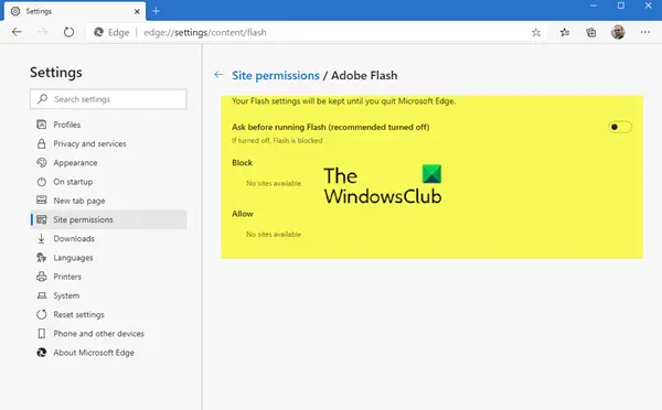manage flash in edge browser