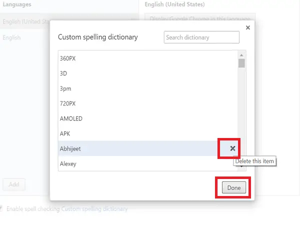remove word from chrome spelling dictionary