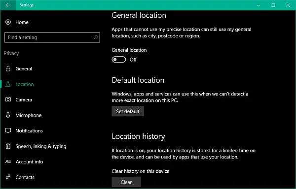 Set the default location of your PC windows 10