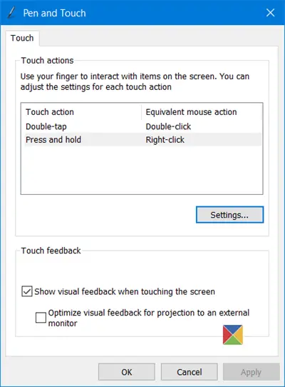 Pen and Touch settings