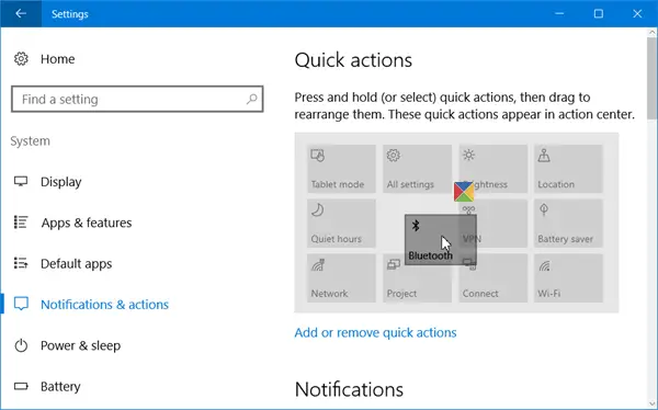 arrange quick actions windows 10