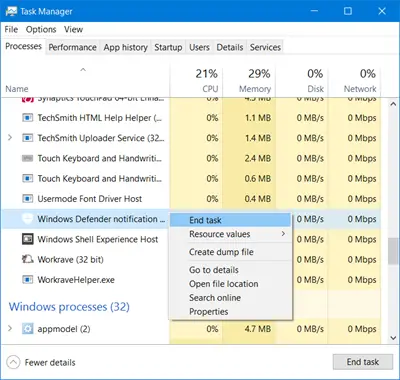 end Windows Defender task manager